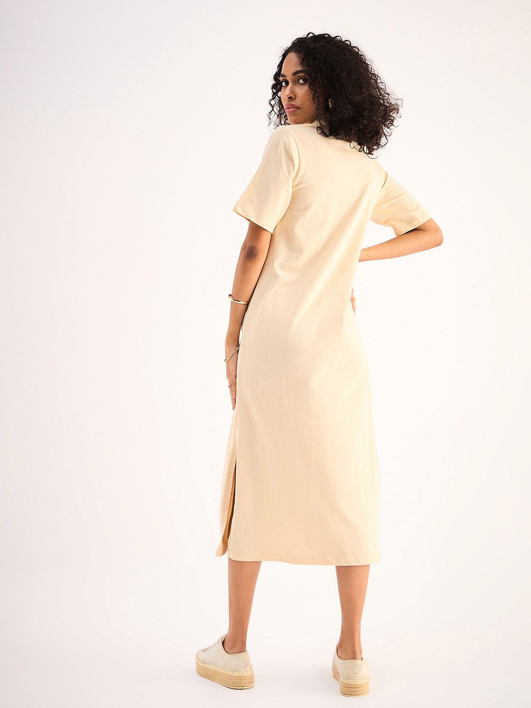 SASSAFRAS BASICS Beige Shirt Collar Pure Cotton Oversized T-shirt Midi Dress