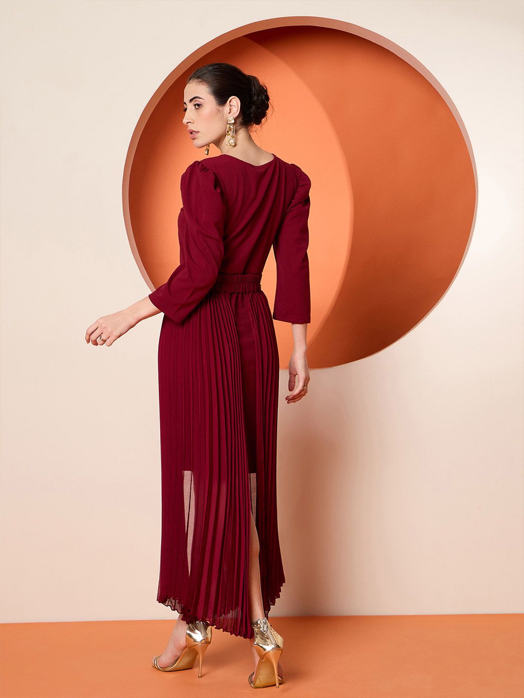 Antheaa Red Round Neck Puff Sleeves Sequinned A Line Dress