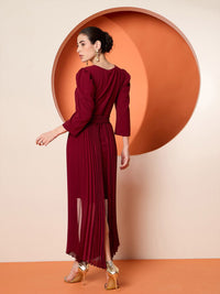 Antheaa Red Round Neck Puff Sleeves Sequinned A Line Dress
