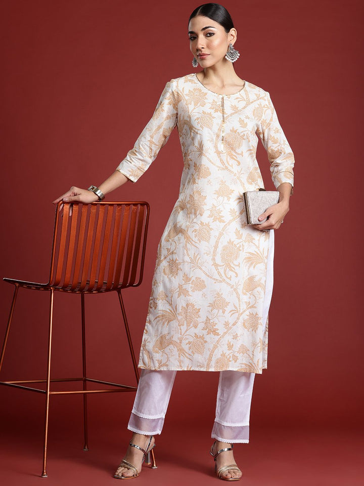 Indo Era Women Floral Printed Keyhole Neck Pure Cotton Kurta
