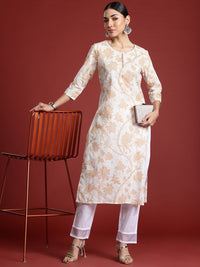 Indo Era Women Floral Printed Keyhole Neck Pure Cotton Kurta