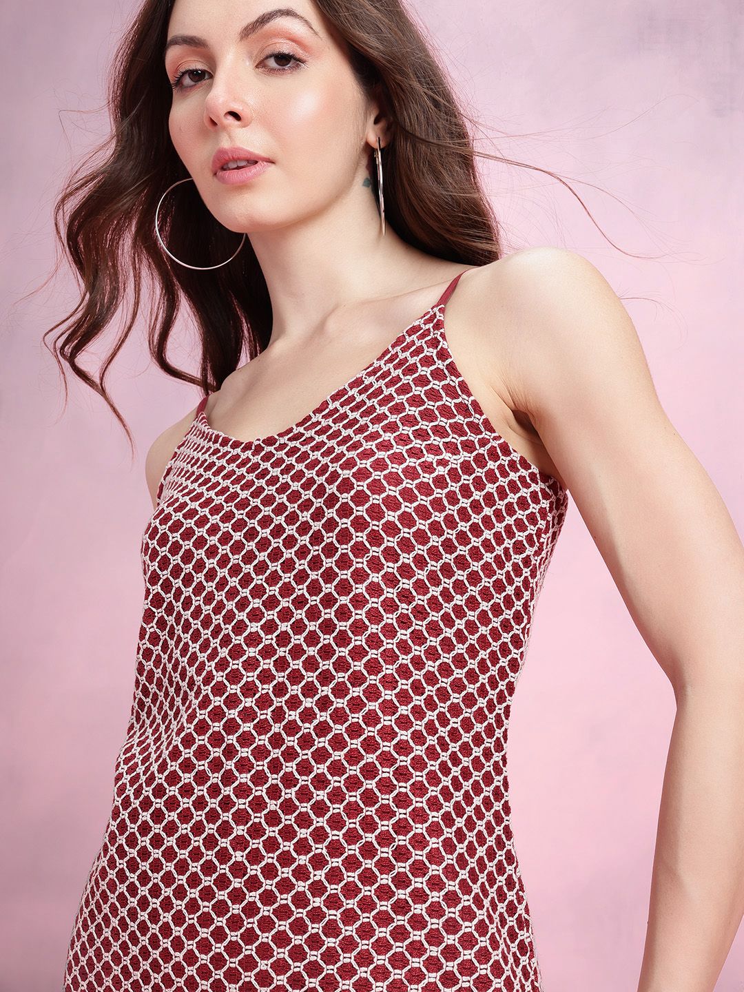 DressBerry Geometric Self-Design Shoulder Straps Crochet A-Line Dress with Side Slit