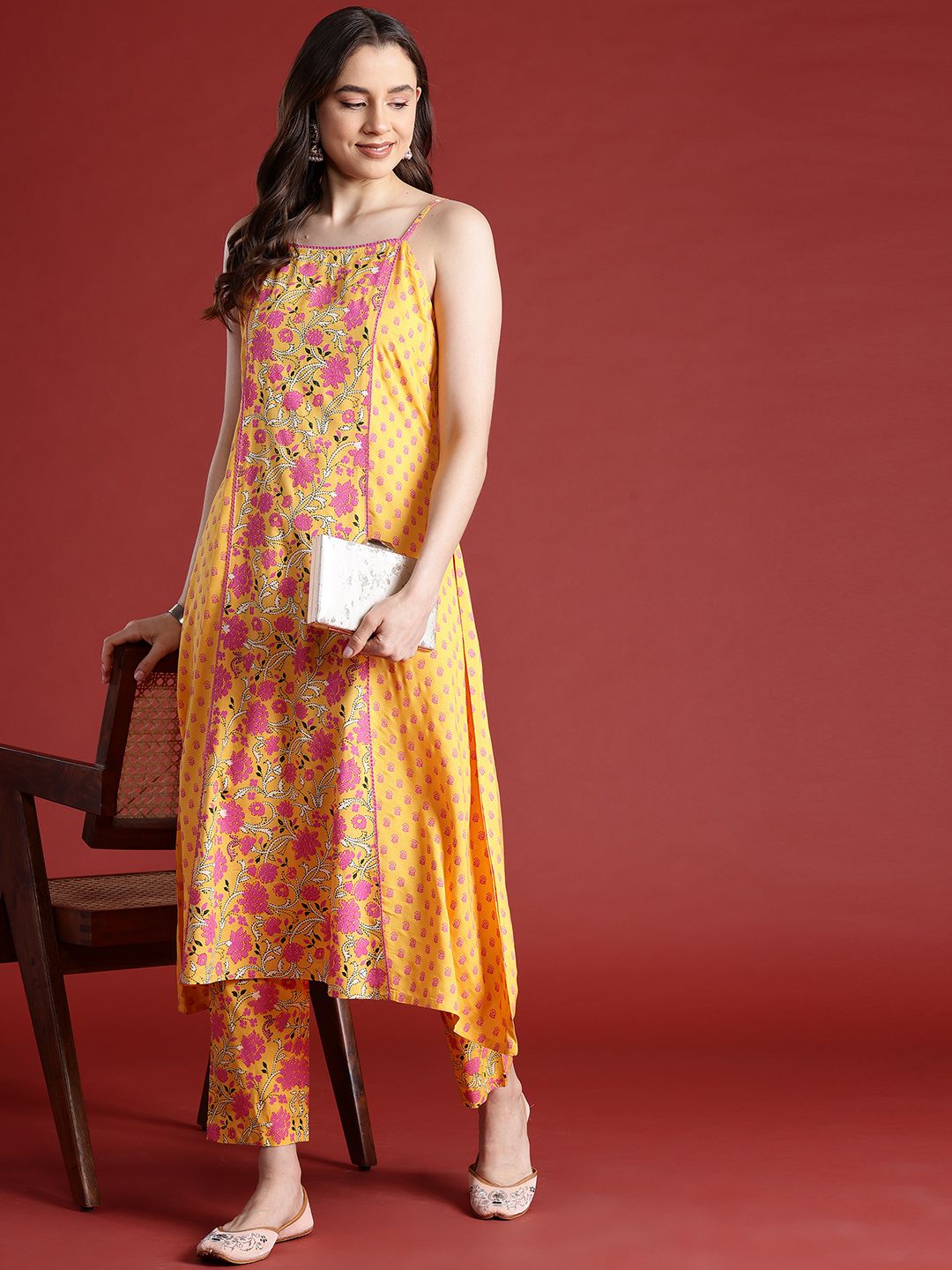 Anouk Floral Printed Shoulder Straps A-Line Kurta Set