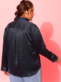 CURVY STREET Navy Blue Classic Opaque Casual Shirt