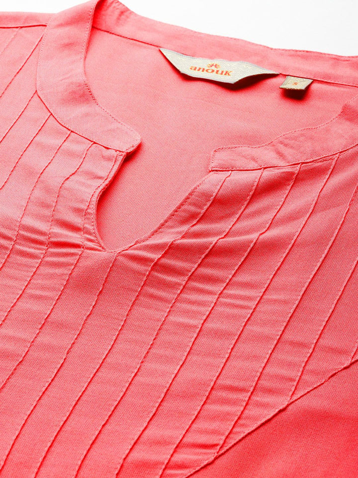 Anouk Self-Striped Band Collar Calf Length Straight Kurta