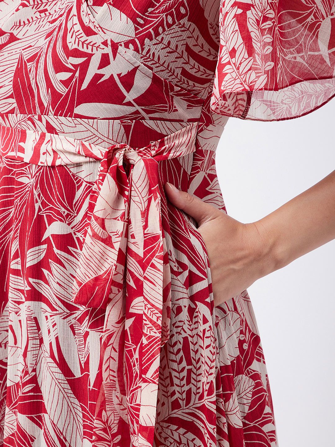 Miss Chase Maroon & Peach-Coloured Tropical Printed Gathered Chiffon Midi Dress