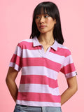 Bewakoof Women Striped Polo Collar Oversized T-shirt