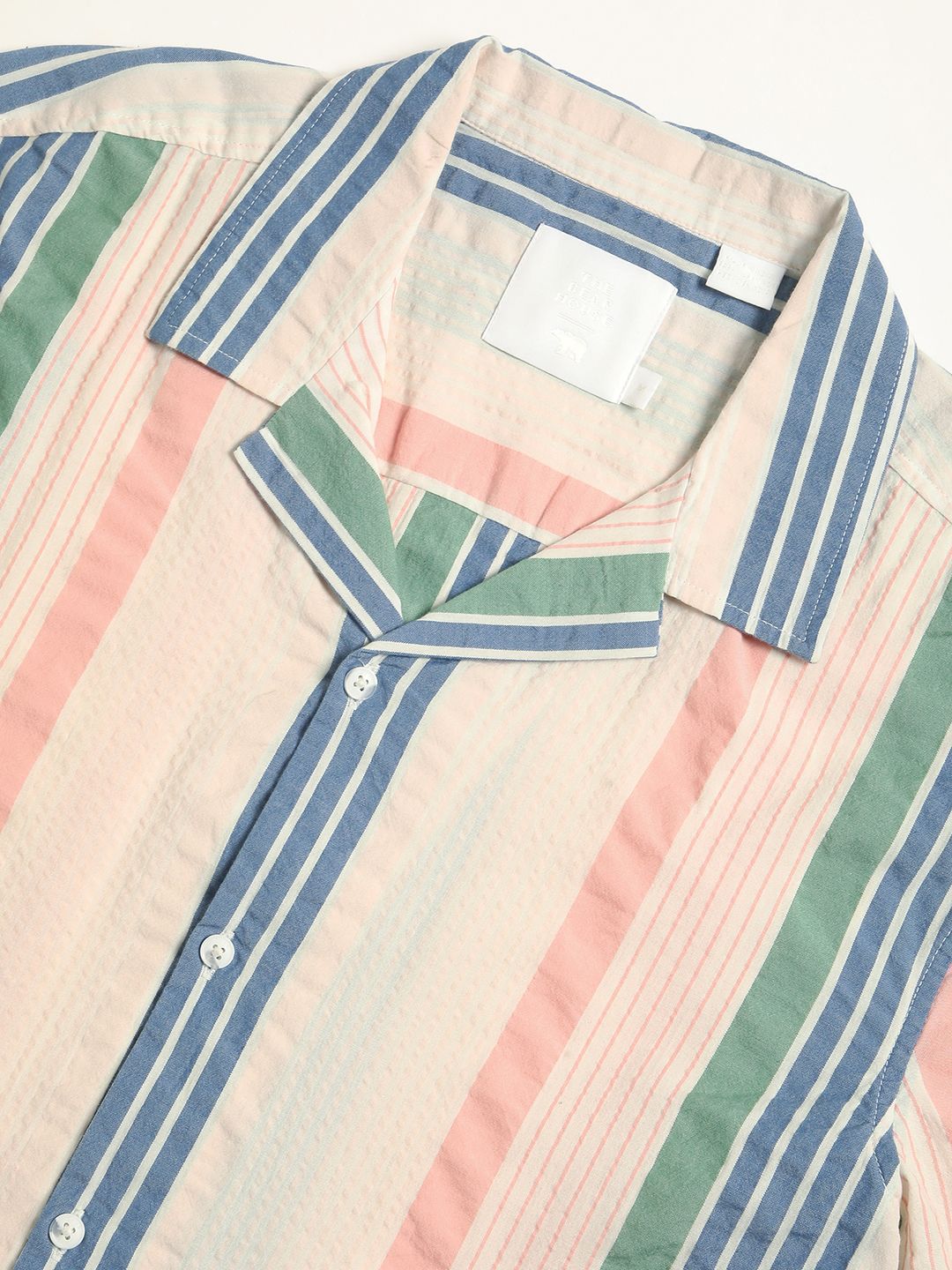 THE BEAR HOUSE Vertical Striped Cuban Collar Pure Cotton Casual Shirt