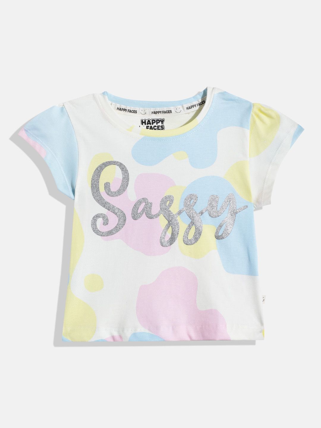 Happy Faces Girls Abstract & Typography Printed Pure Cotton T-shirt