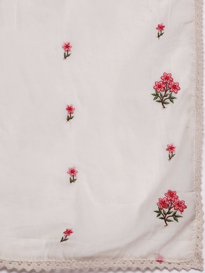 Libas Women Off White & Pink Cotton Floral Thread Work Kurta with Palazzos & Dupatta