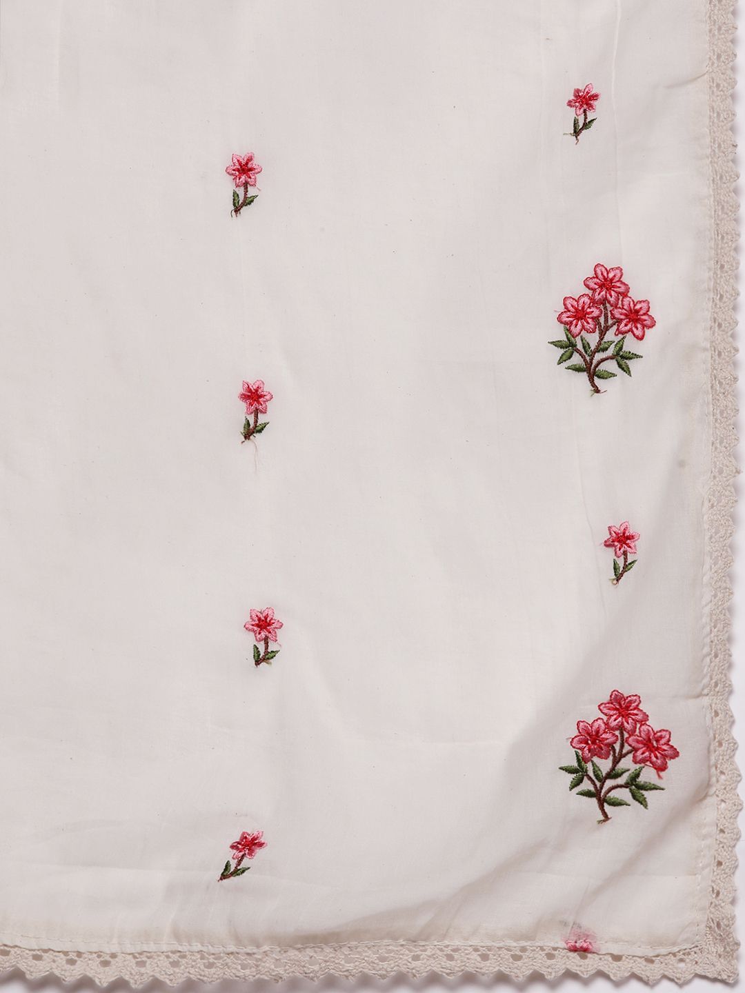 Libas Women Off White & Pink Cotton Floral Thread Work Kurta with Palazzos & Dupatta