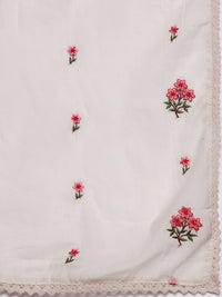 Libas Women Off White & Pink Cotton Floral Thread Work Kurta with Palazzos & Dupatta