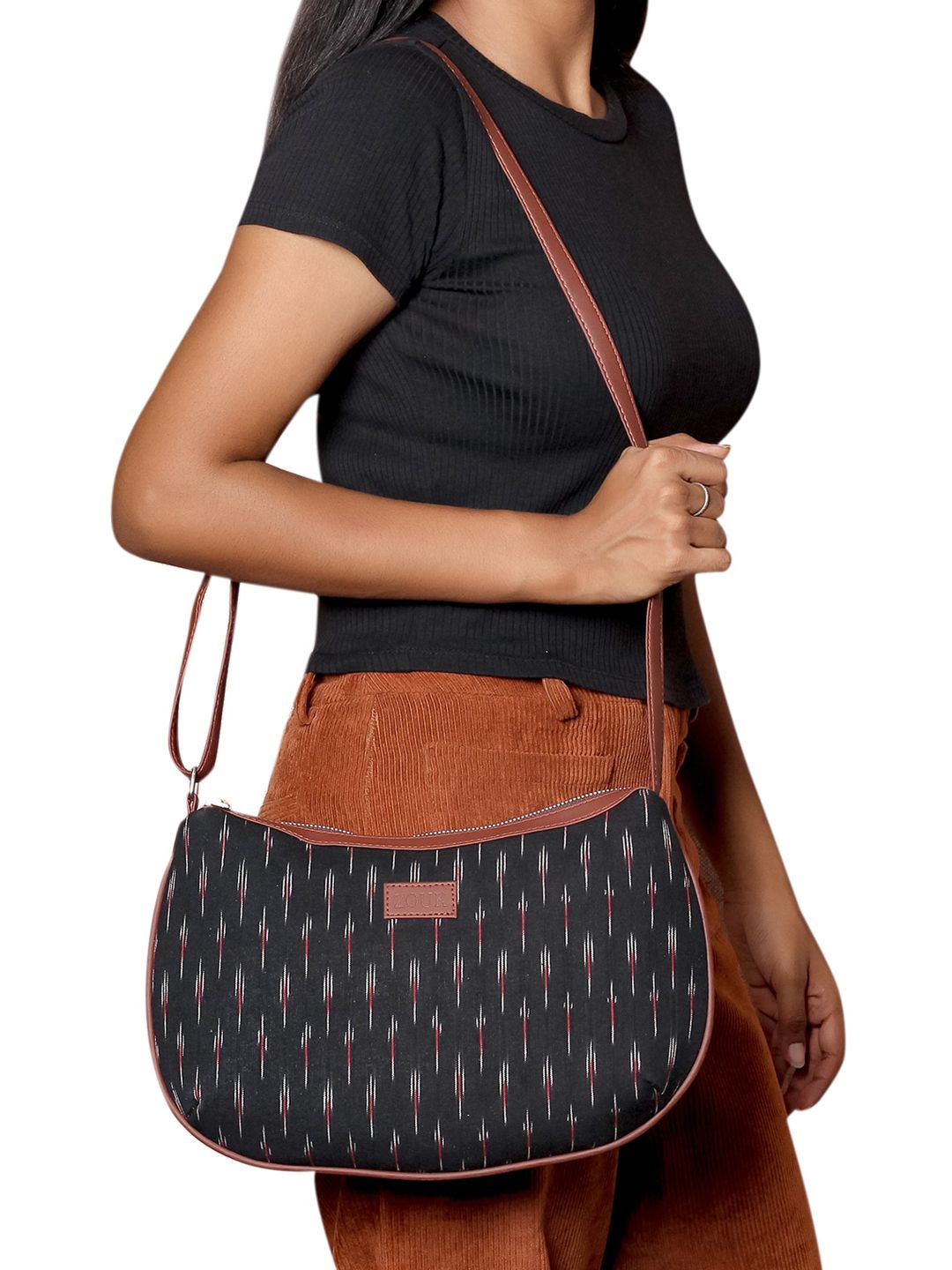 ZOUK Black & Grey Ikat Printed Half Moon Sling Bag