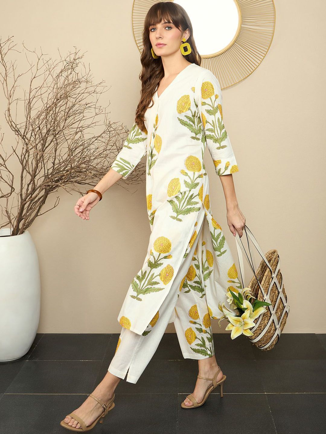 Indo Era Floral Printed Pure Cotton Straight Kurta With Trousers