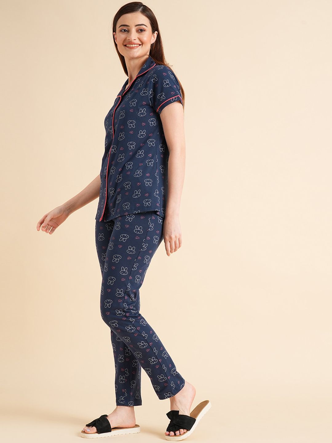 Sweet Dreams Navy Blue & White Conversational Printed Pure Cotton Night Suits