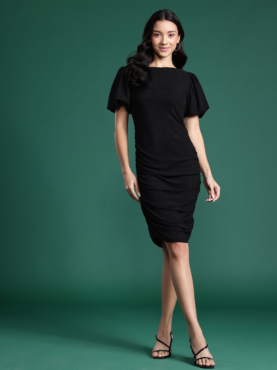 DressBerry Shimmer Finish Ruched Detail Puff Sleeve Mini Dress