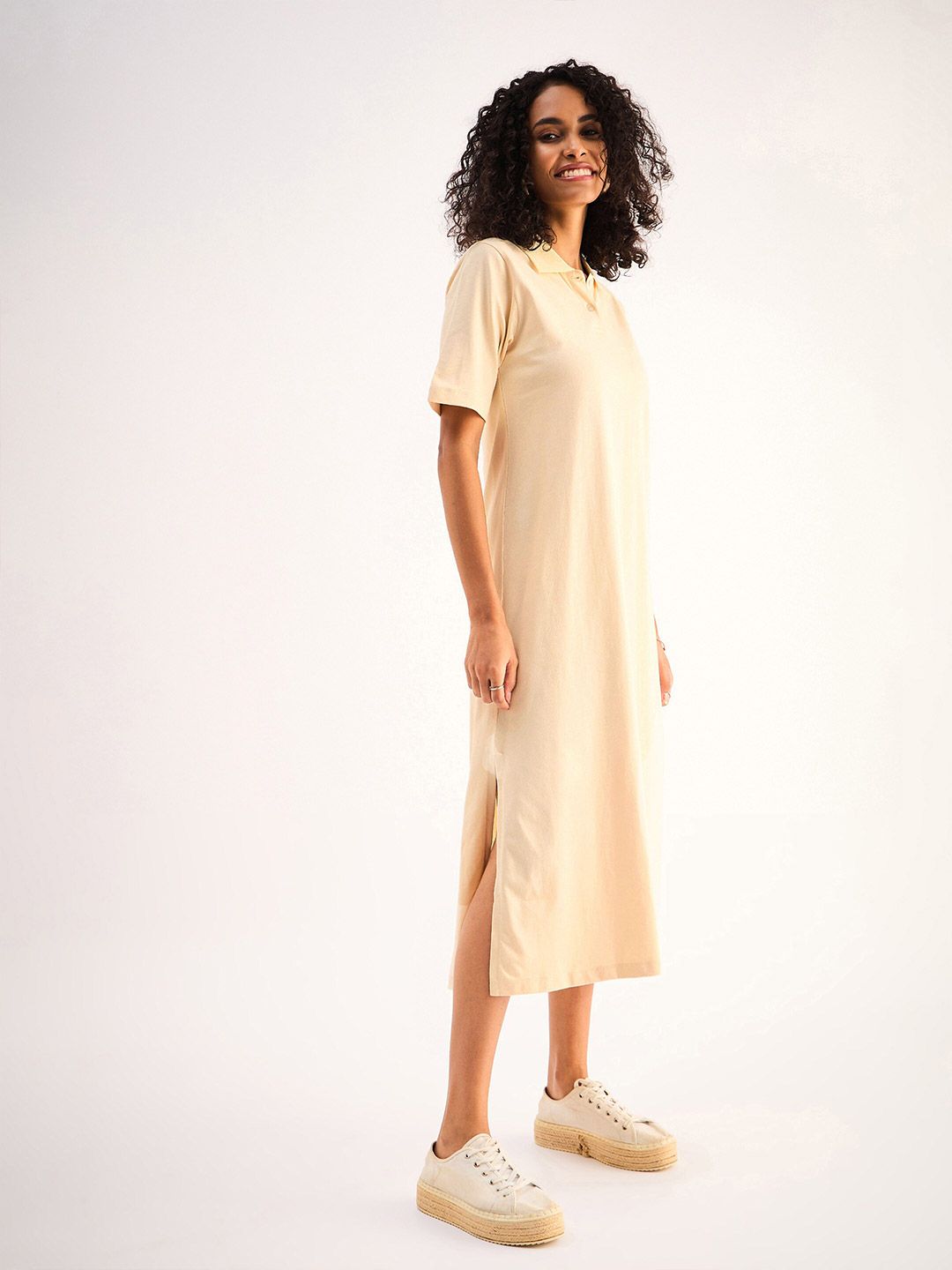 SASSAFRAS BASICS Beige Shirt Collar Pure Cotton Oversized T-shirt Midi Dress