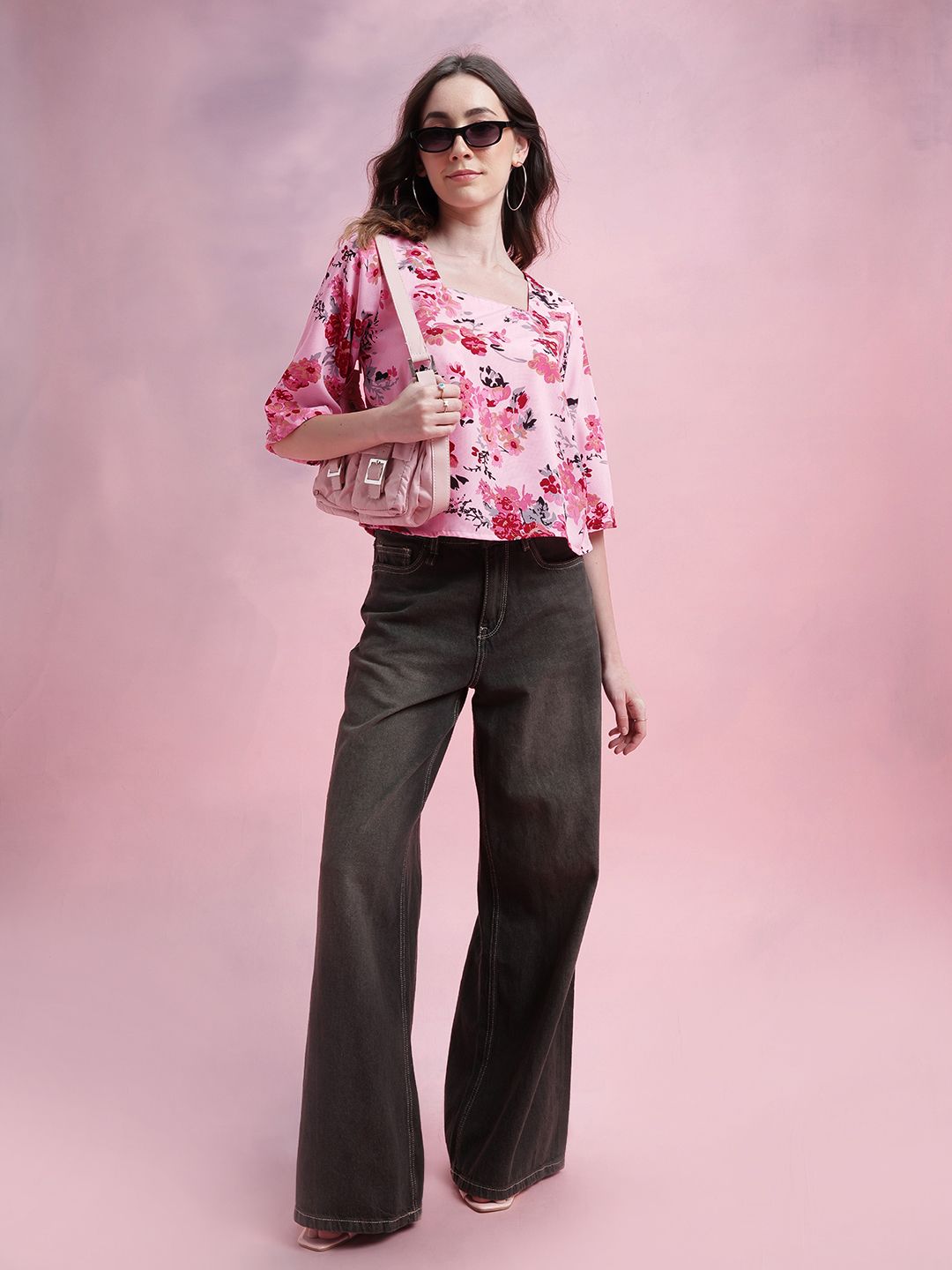 DressBerry Floral Print Square Neck Flared Sleeves Top