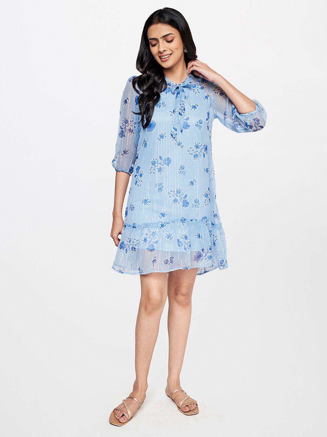 Global Desi Floral Tie-Up Neck A-Line Dress