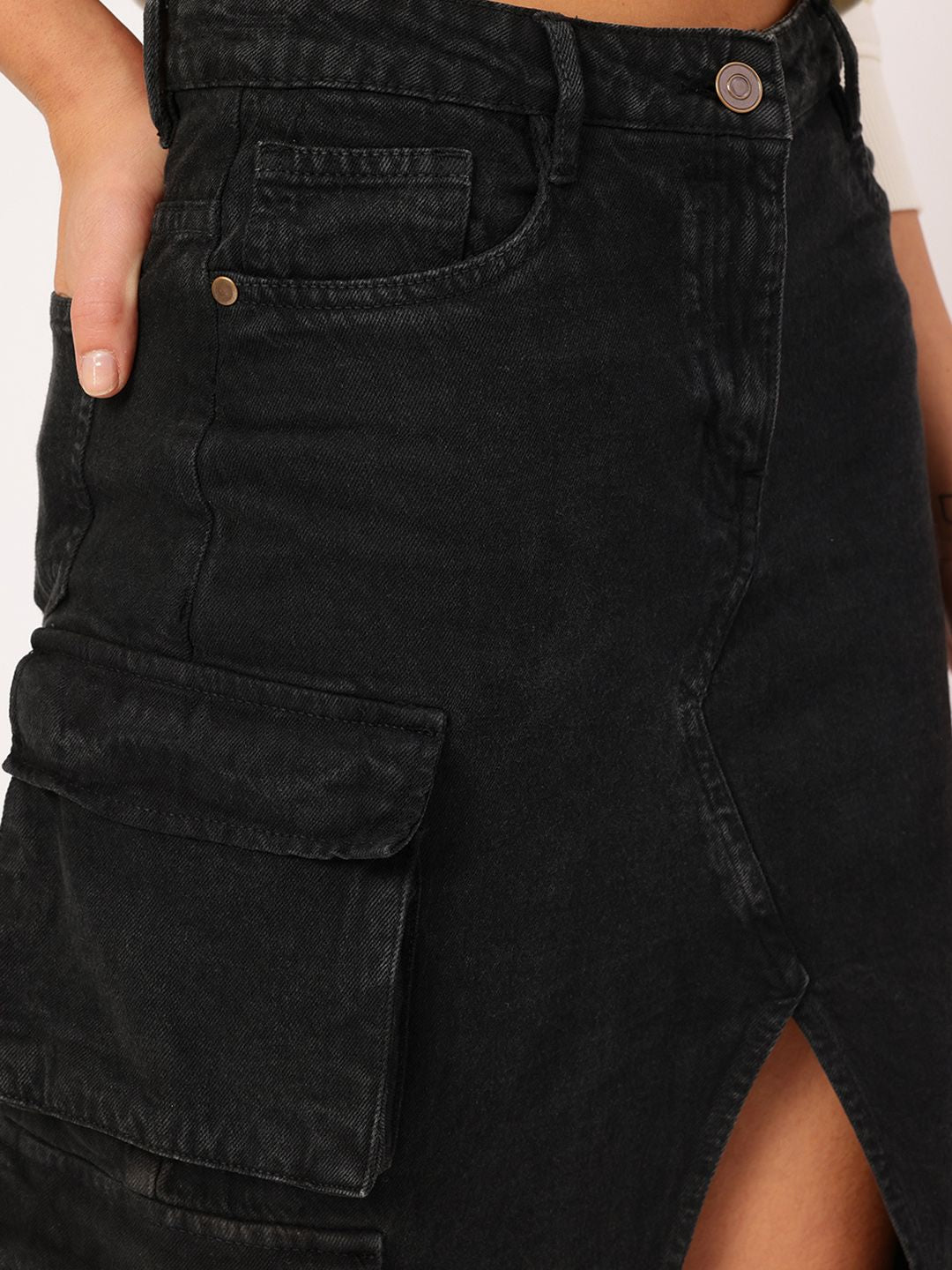 DressBerry Cargo Style Front Slit Denim Skirt