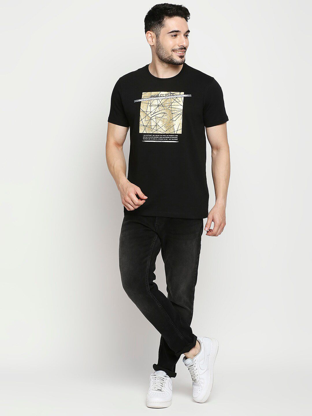 SPYKAR Men Black & Gold-Toned Printed Applique Slim Fit T-shirt