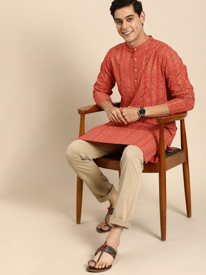 Anouk Men Orange & Gold-Toned Ethnic Motifs Printed Pure Cotton Kurta