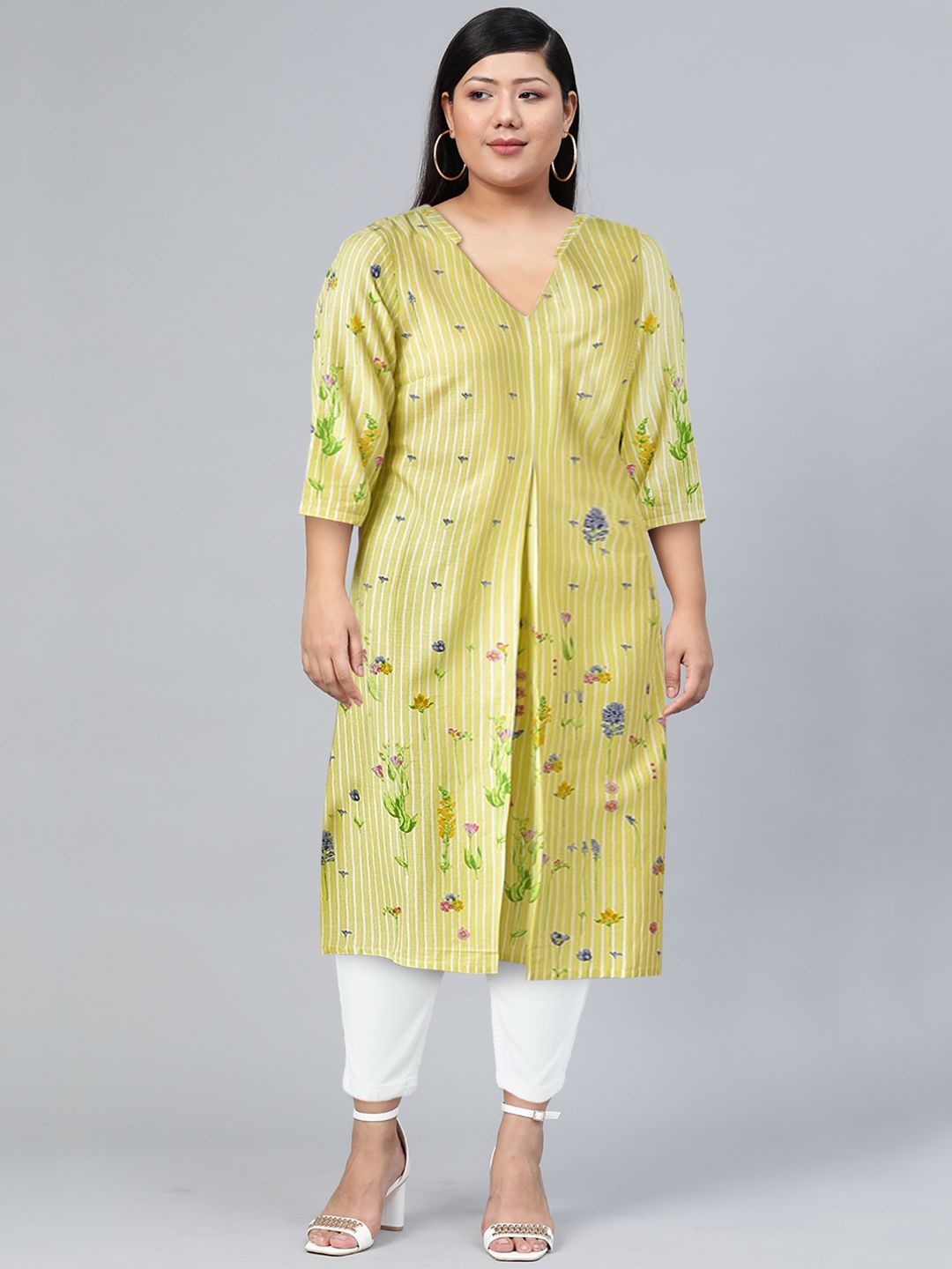 W Women Floral Printed Band Collar Kurta