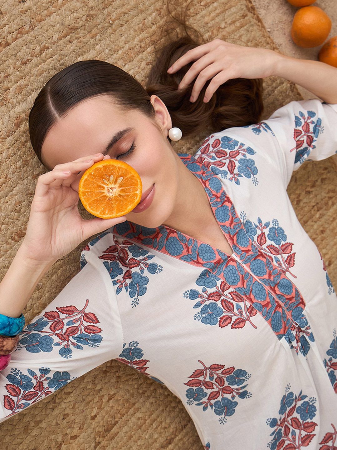 Indo Era Floral Printed V-Neck Cotton A-Line Kurta With Trousers