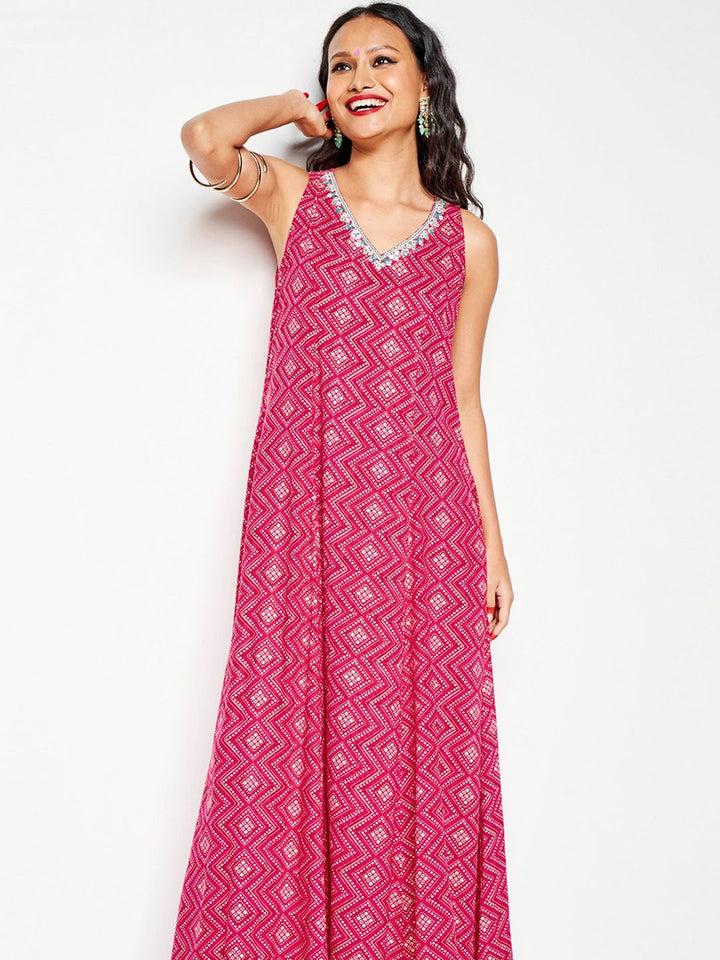 Global Desi Ethnic Printed Thread Work Fit & Flared Maxi Ethnic Dress