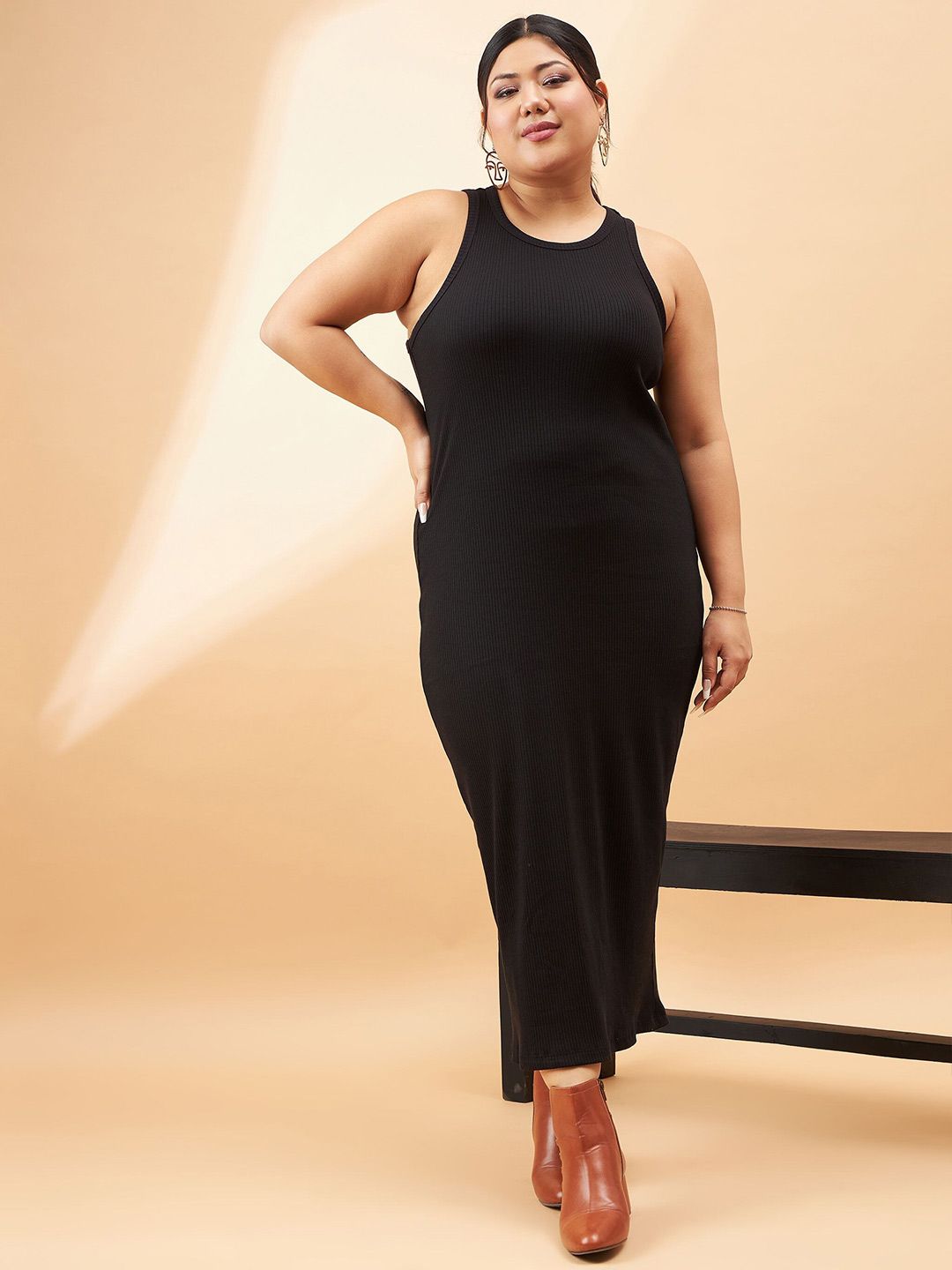 SASSAFRAS Curve Plus Size Black Ribbed Sleeveless Sheath Midi Dress With Shrug