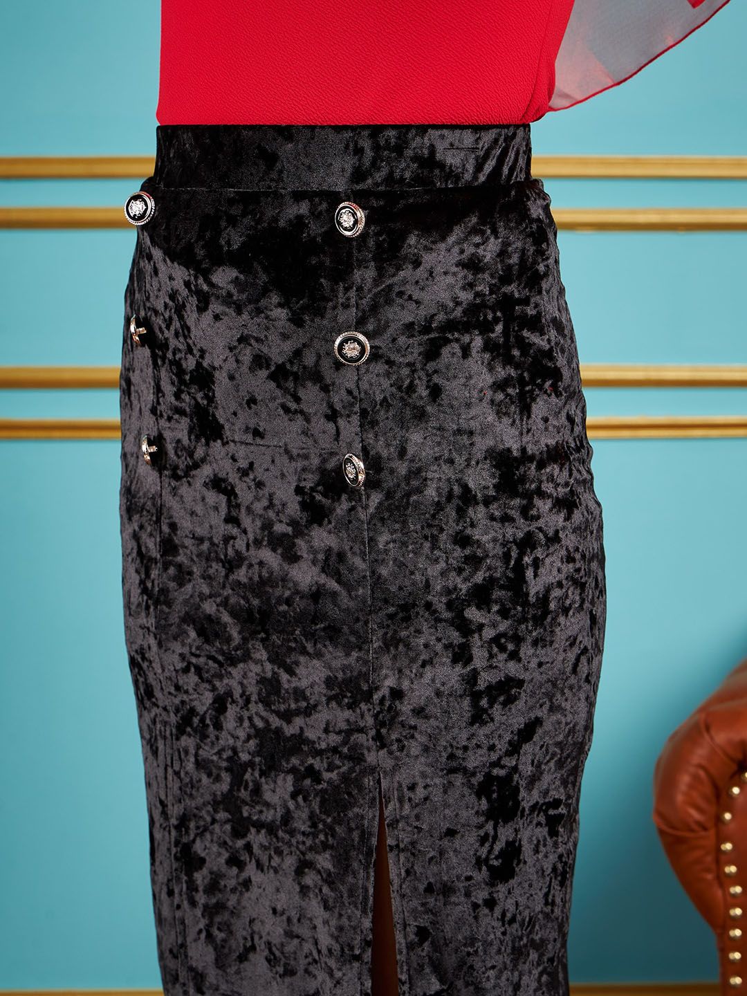 SASSAFRAS Velvet Front Button Pencil Midi Skirt