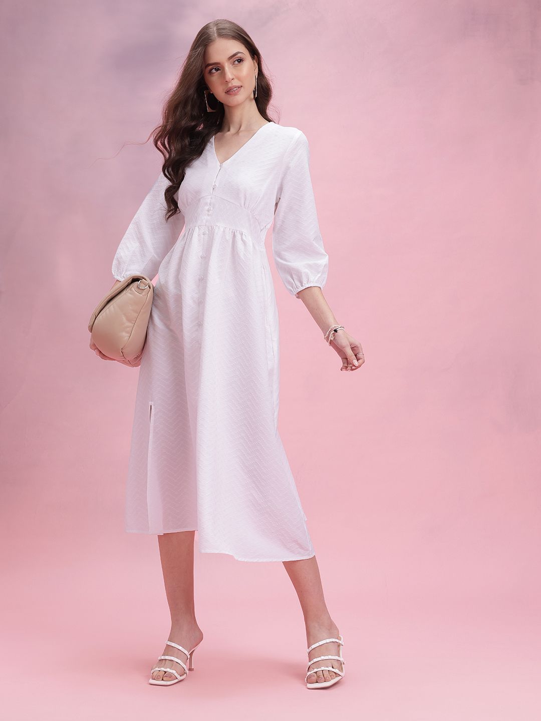 DressBerry Chevron Puff Sleeves A-Line Midi Dress
