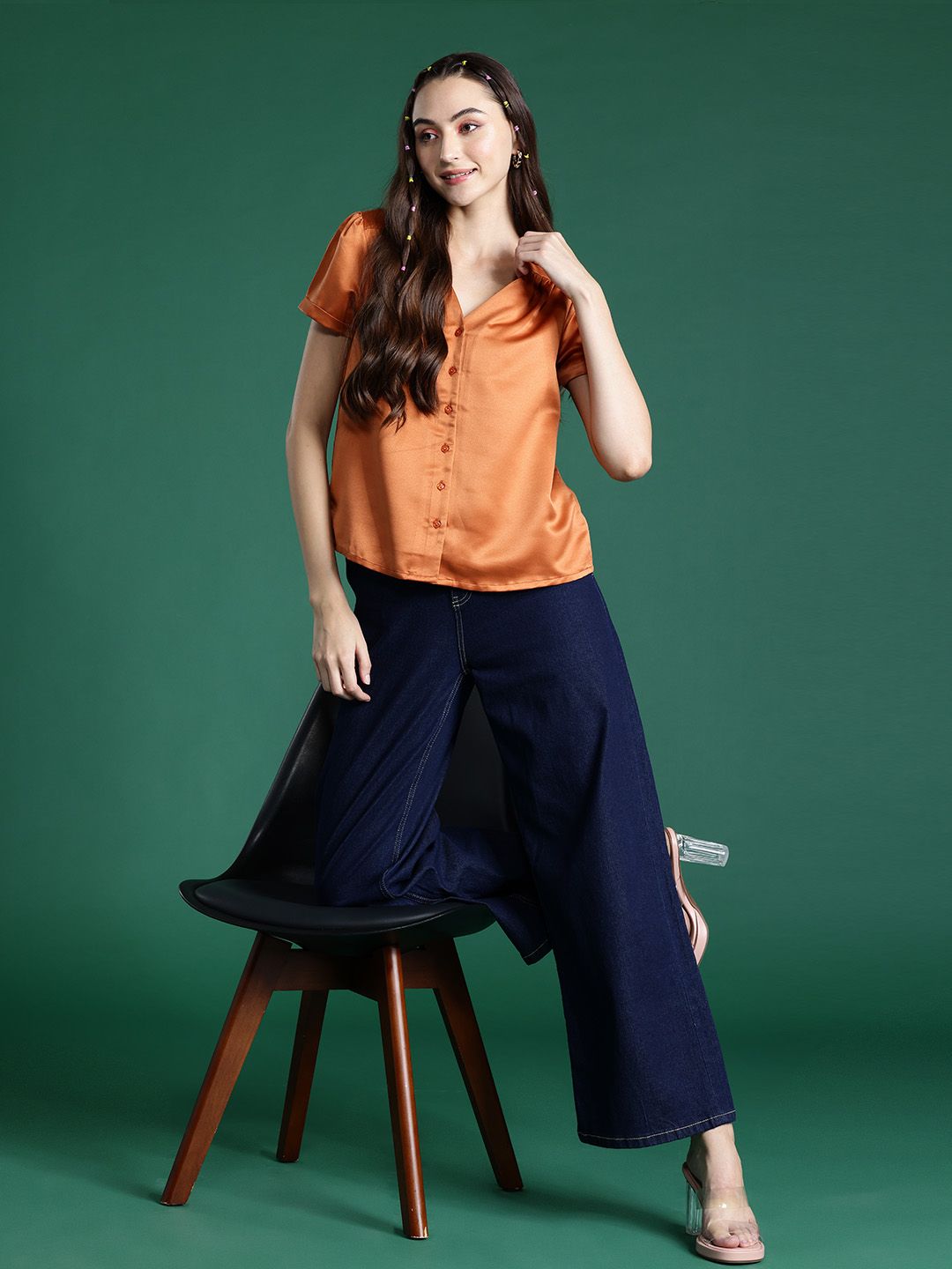 DressBerry Satin-Finish V-Neck Shirt Style Top