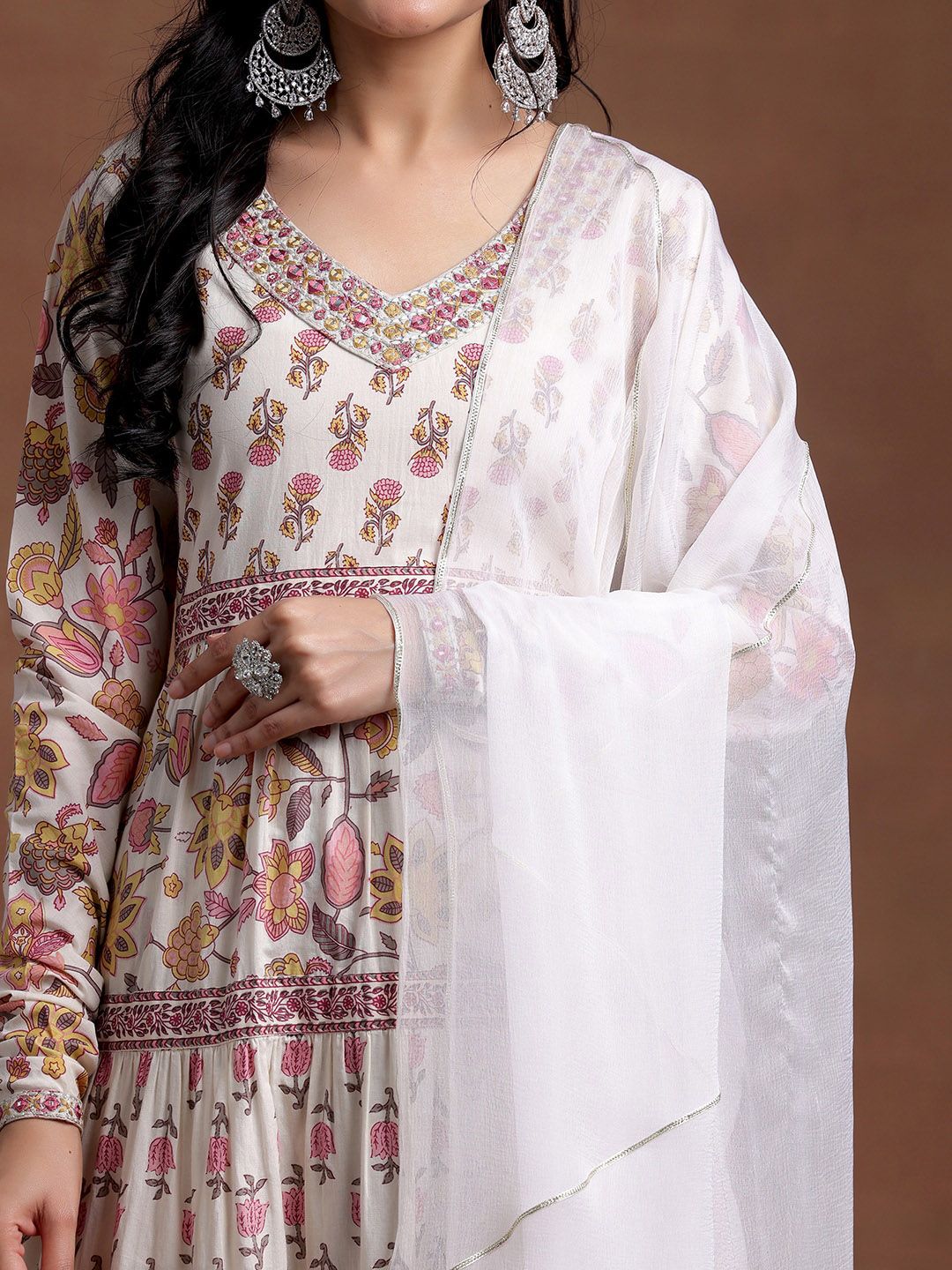 Libas Floral Printed Tiered Mirror Work Pure Cotton Kurta with Palazzos & With Dupatta