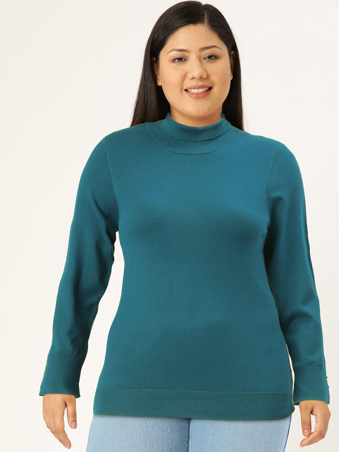 AND Teal Solid Turtle Neck Regular Top