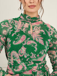 Antheaa Floral Printed Chiffon High Neck Fit & Flare Midi Dress