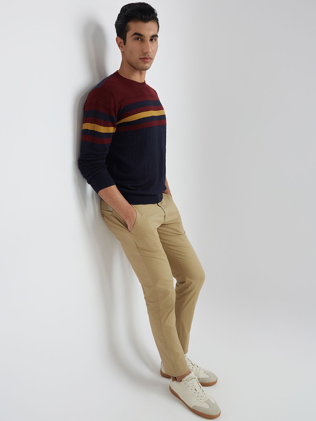 Raymond Men Navy Blue & Burgundy Striped Pullover