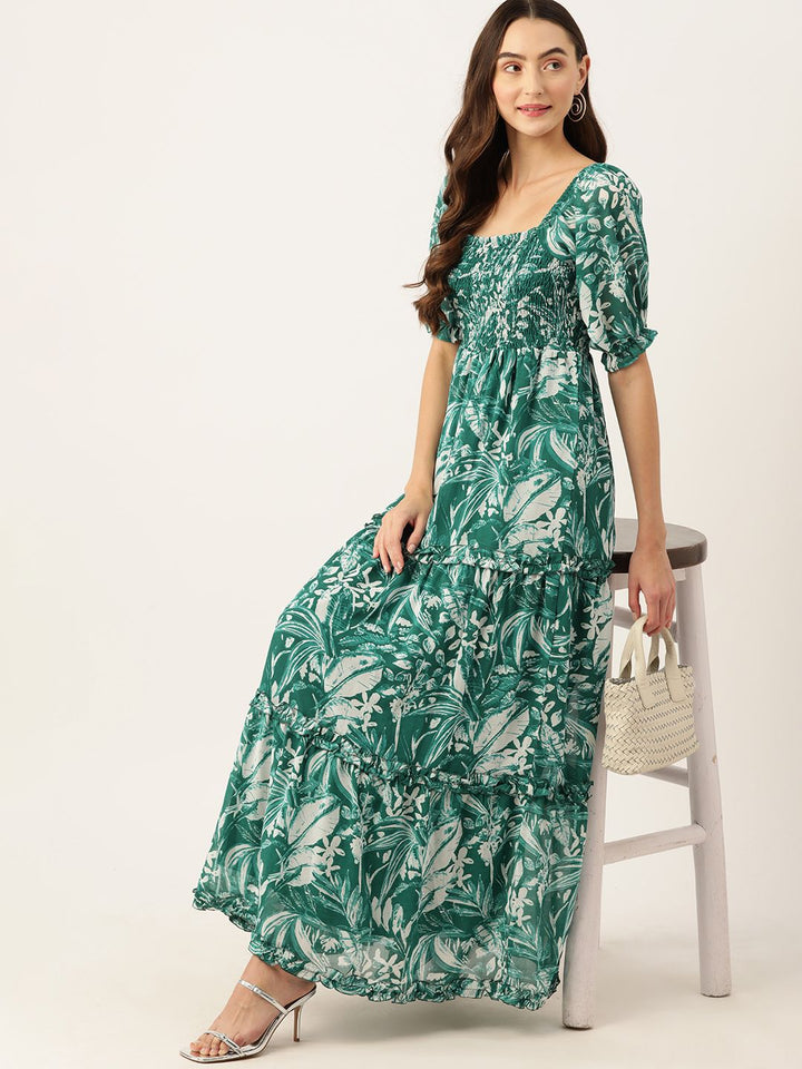 DressBerry Floral Print Puff Sleeves Smocked Tiered Maxi Dress