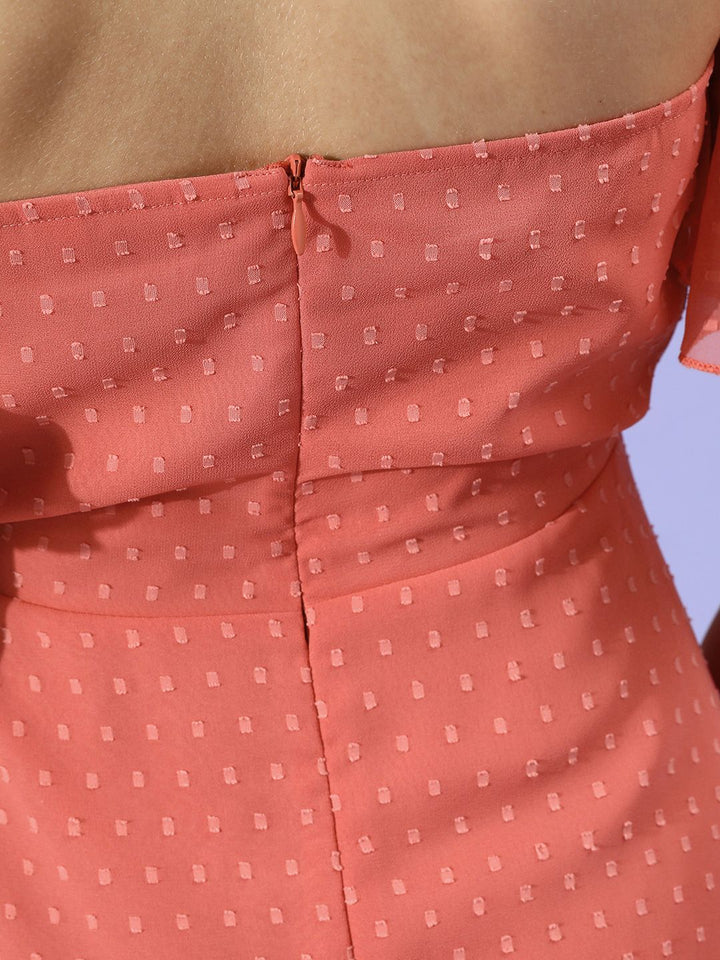 Berrylush Women Attractive Peach Self-Design Dobby Weave Dress