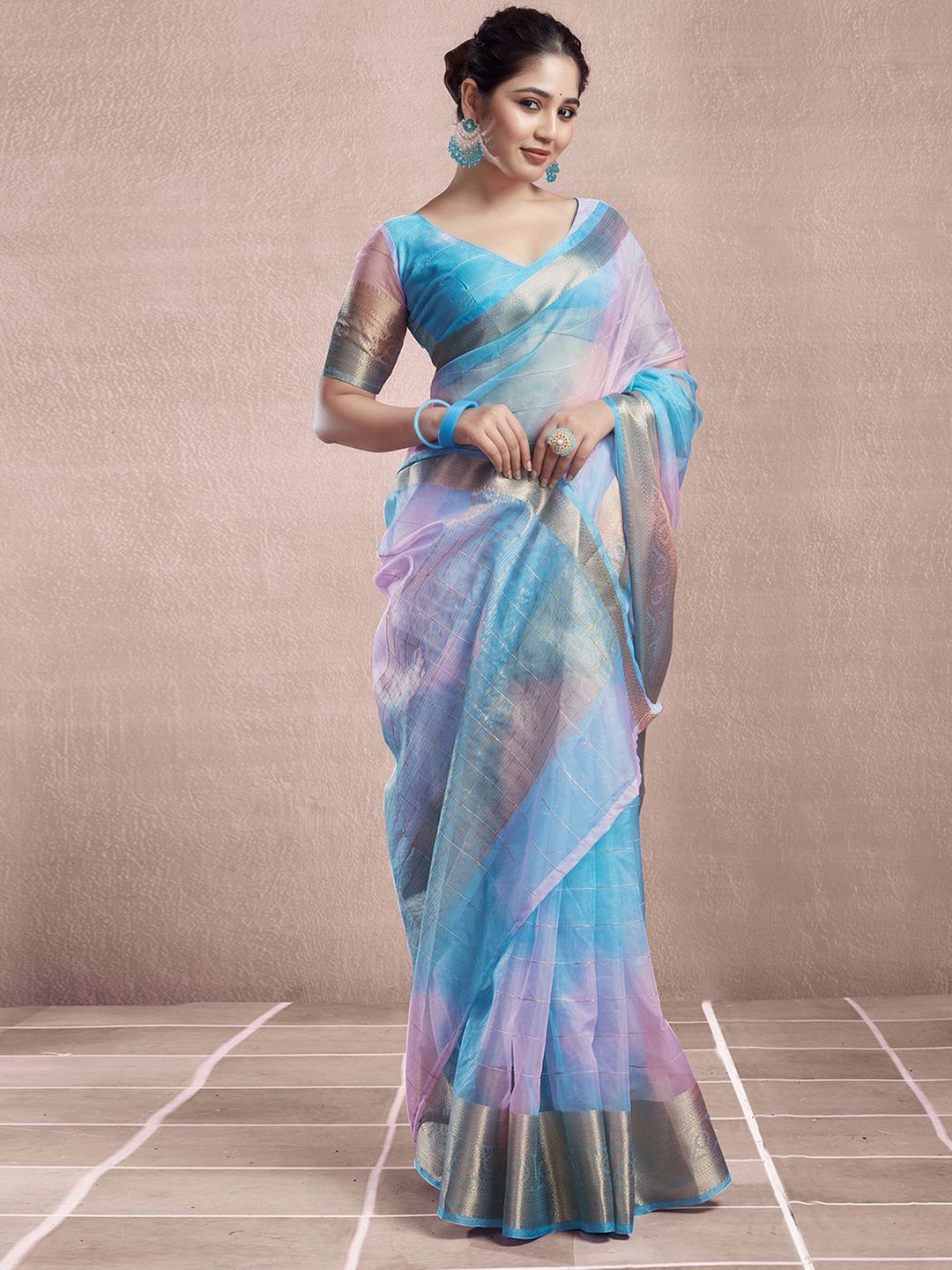 KALINI Ombre Printed Zari Organza Dabu Saree