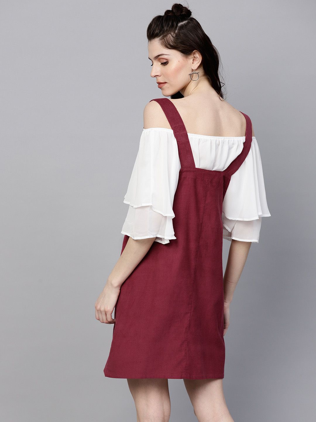 SASSAFRAS Women Maroon Solid Corduroy Pinafore Dress