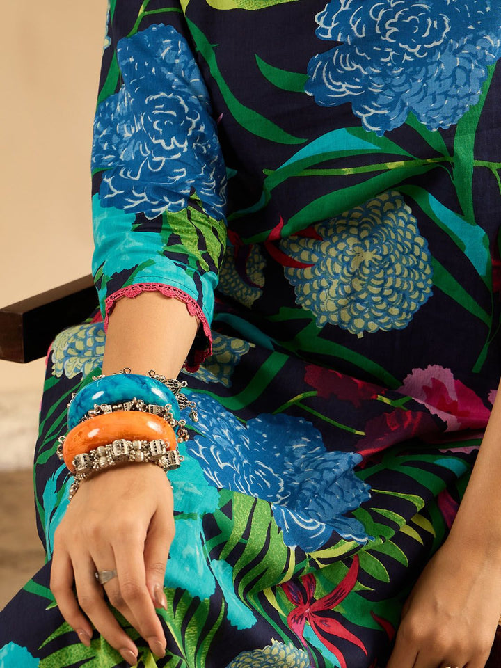 Indo Era Women Floral Printed Regular Pure Cotton Kurta with Trousers