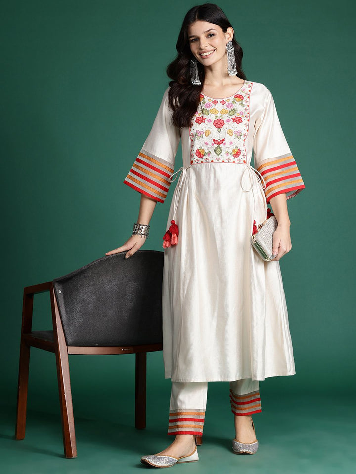 Indo Era Floral Embroidered Empire Thread Work Liva Kurta with Trousers