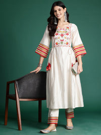 Indo Era Floral Embroidered Empire Thread Work Liva Kurta with Trousers