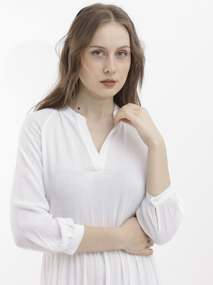 RAREISM Mandarin Collar Cuffed Sleeves Gathered Tiered Fit & Flare Midi Dress