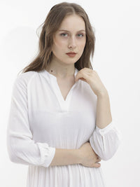 RAREISM Mandarin Collar Cuffed Sleeves Gathered Tiered Fit & Flare Midi Dress