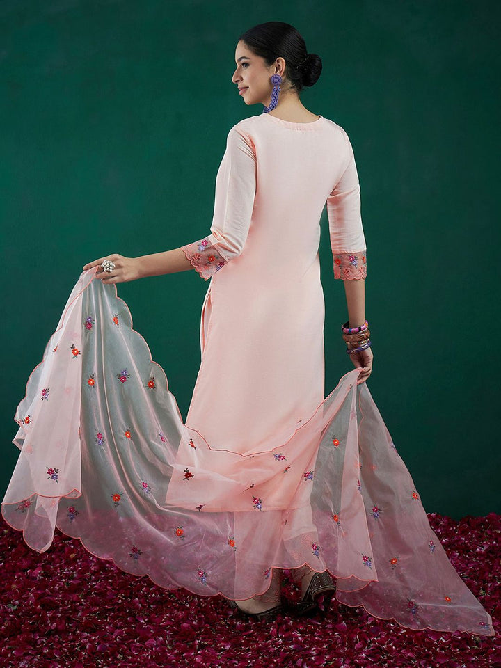 Indo Era Floral Embroidered Straight Kurta With Trousers & Dupatta