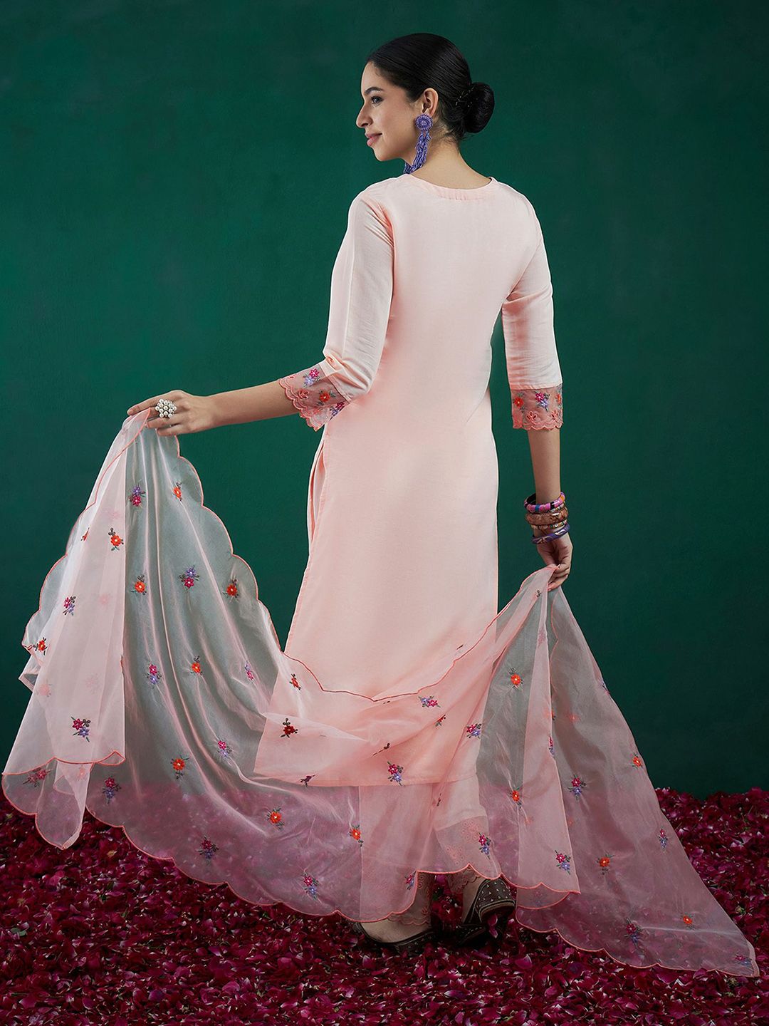 Indo Era Floral Embroidered Straight Kurta With Trousers & Dupatta