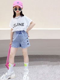 YK Girls Embellished Washed Mid-Rise Regular Fit Denim Shorts