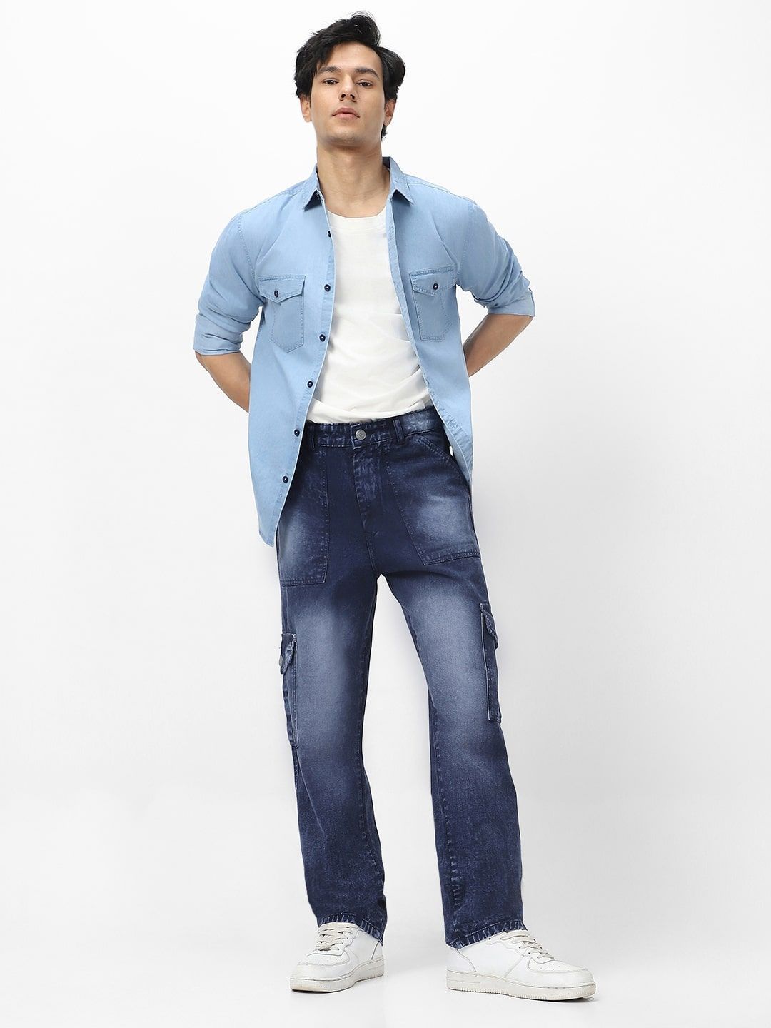 Urbano Fashion Men Navy Loose Fit Cargo Jeans With 6 Pockets Non-Stretchable